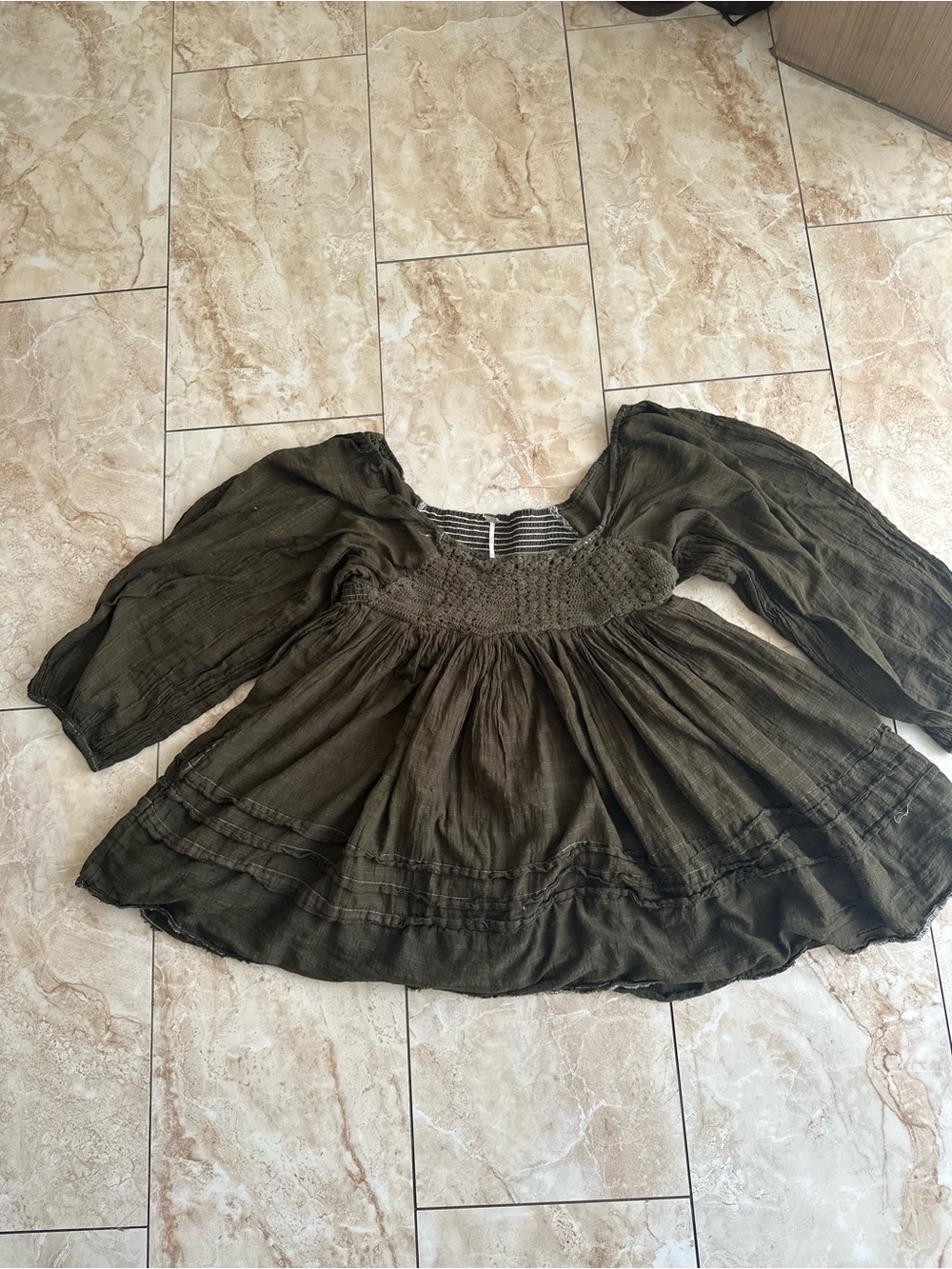 Free People Olive Peasant Tunic with Smocked Waist